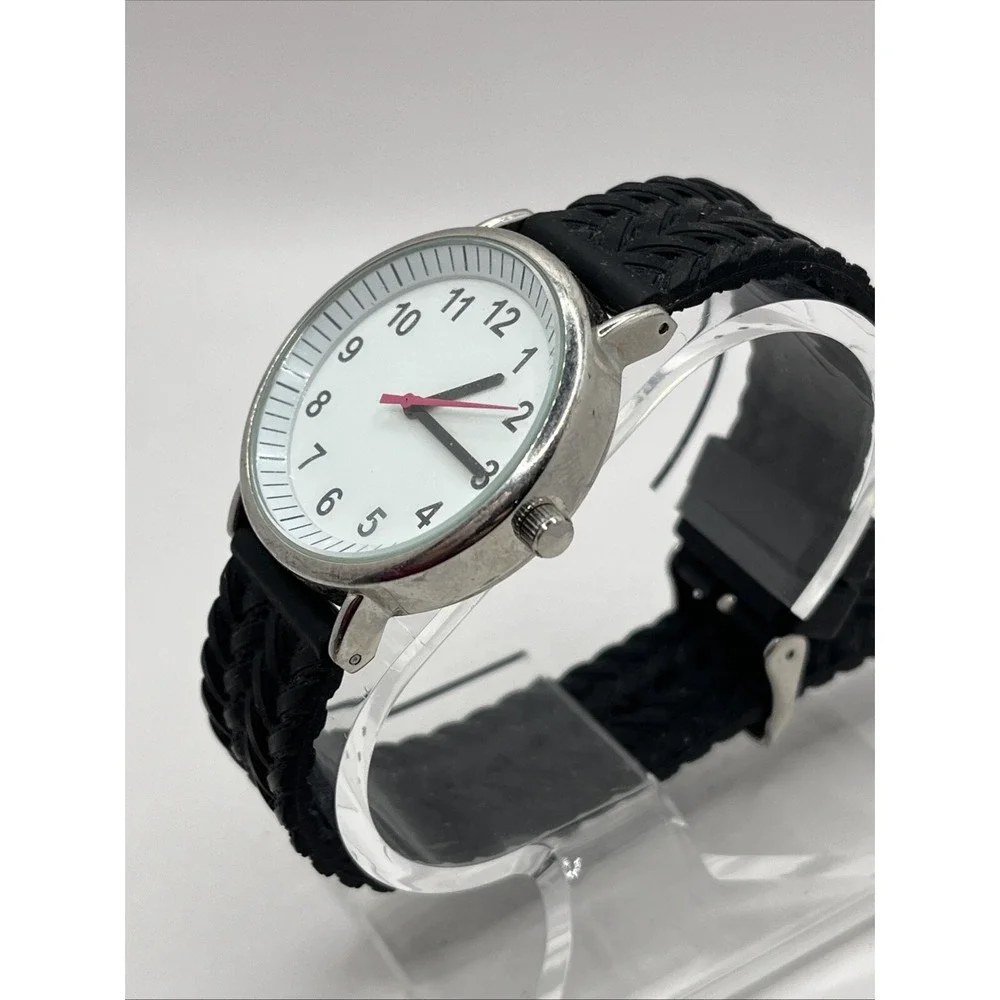 Women's Quartz Watch Black Textured Silicone Band Silver‎ 36mm Case- New Battery